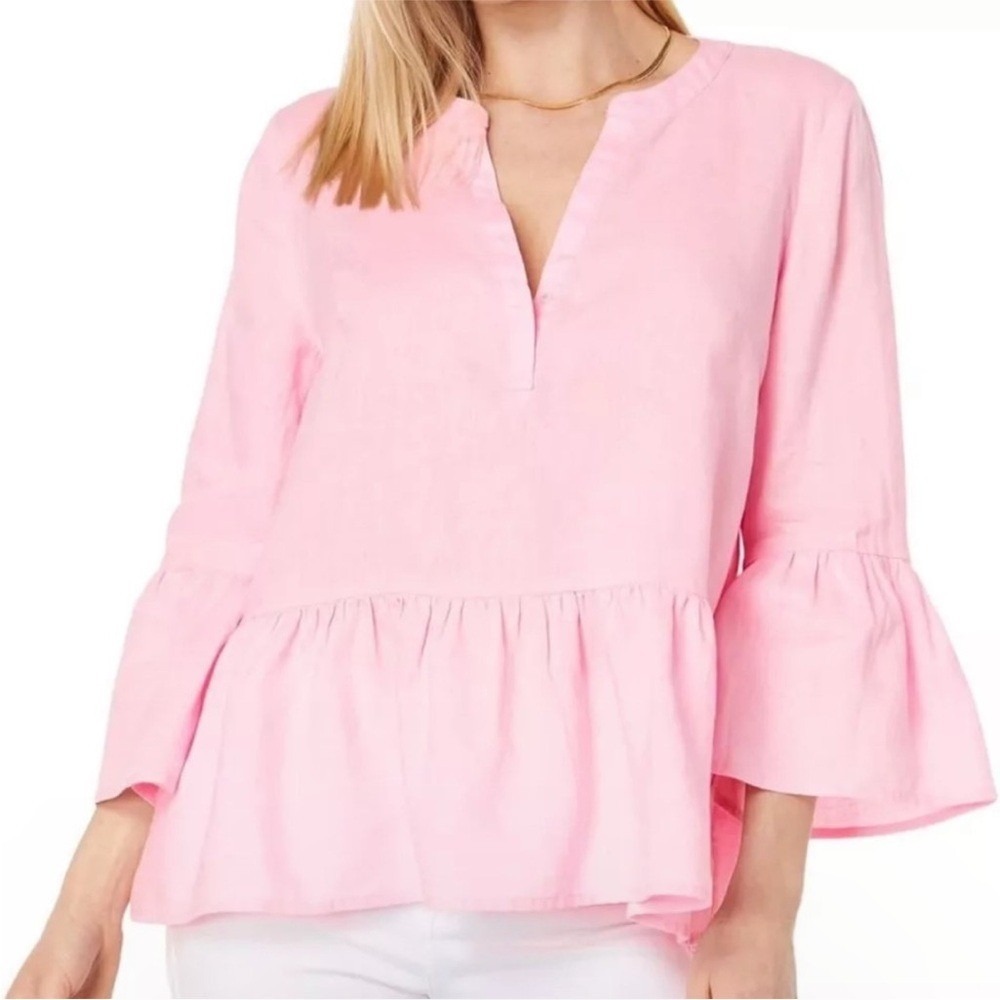 Lilly Pulitzer 3/4 Sleeve Bekah Linen Top Women Size Large Peasant Peplum Shirt